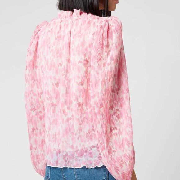Ganni Floral Print Plisse Balloon Sleeve Georgette Blouse Floral Pink 36 US 0 - Picture 2 of 9